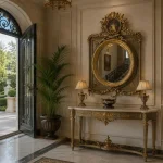 Handcrafted hall console with antique ivory and gold finish, white marble top, and matching hand-carved rosewood mirror frame by HB Furnitures Chiniot Pakistan