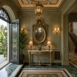 Luxury hallway table with hand-carved antique mirror frame in sea green finish with golden accents handcrafted by HB Furnitures