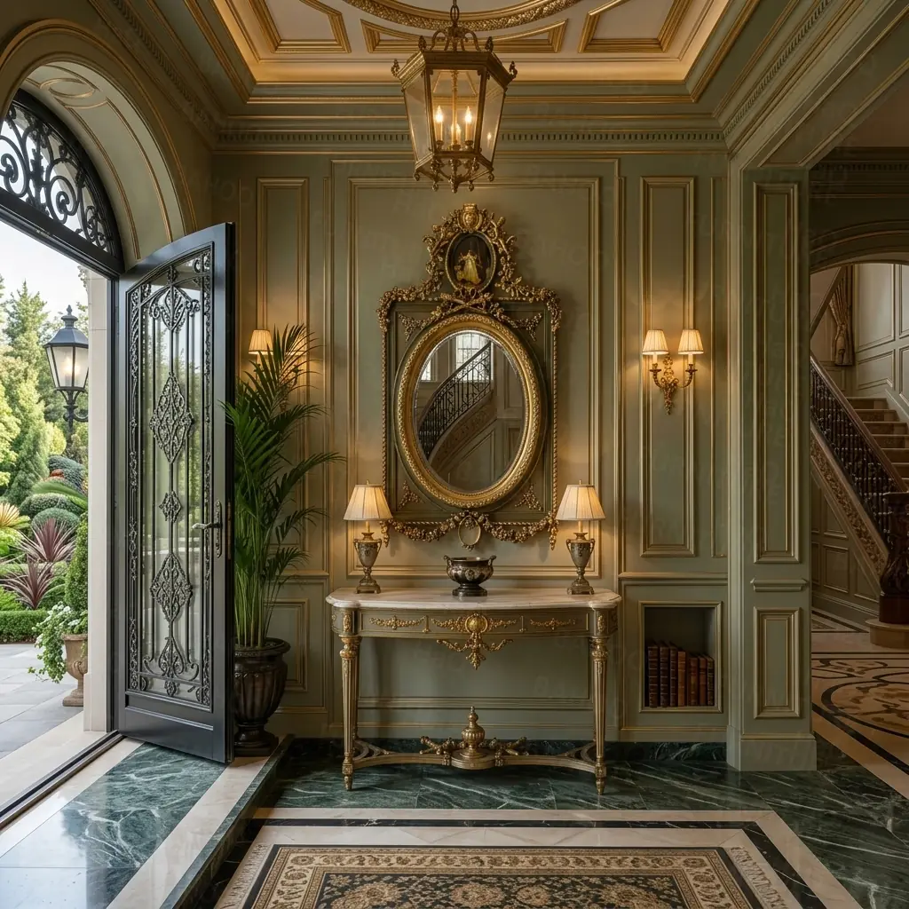 Luxury hallway table with hand-carved antique mirror frame in sea green finish with golden accents handcrafted by HB Furnitures