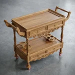 Handcrafted home bar cart with solid wood tiers and wheels by HBFurnitures, handmade drink trolley for living room storage.