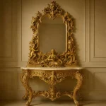 Handcrafted Indian console table in golden finish with matching hand-carved rosewood mirror frame featuring traditional Indian-inspired carvings by HB Furnitures