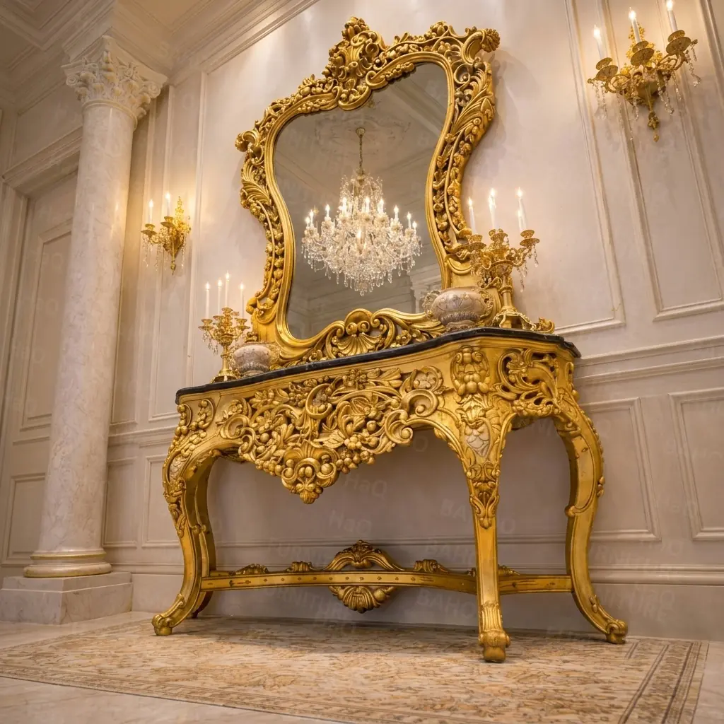 Luxury living room console table with hand-carved golden wooden mirror frame handcrafted by HB Furnitures Pakistan