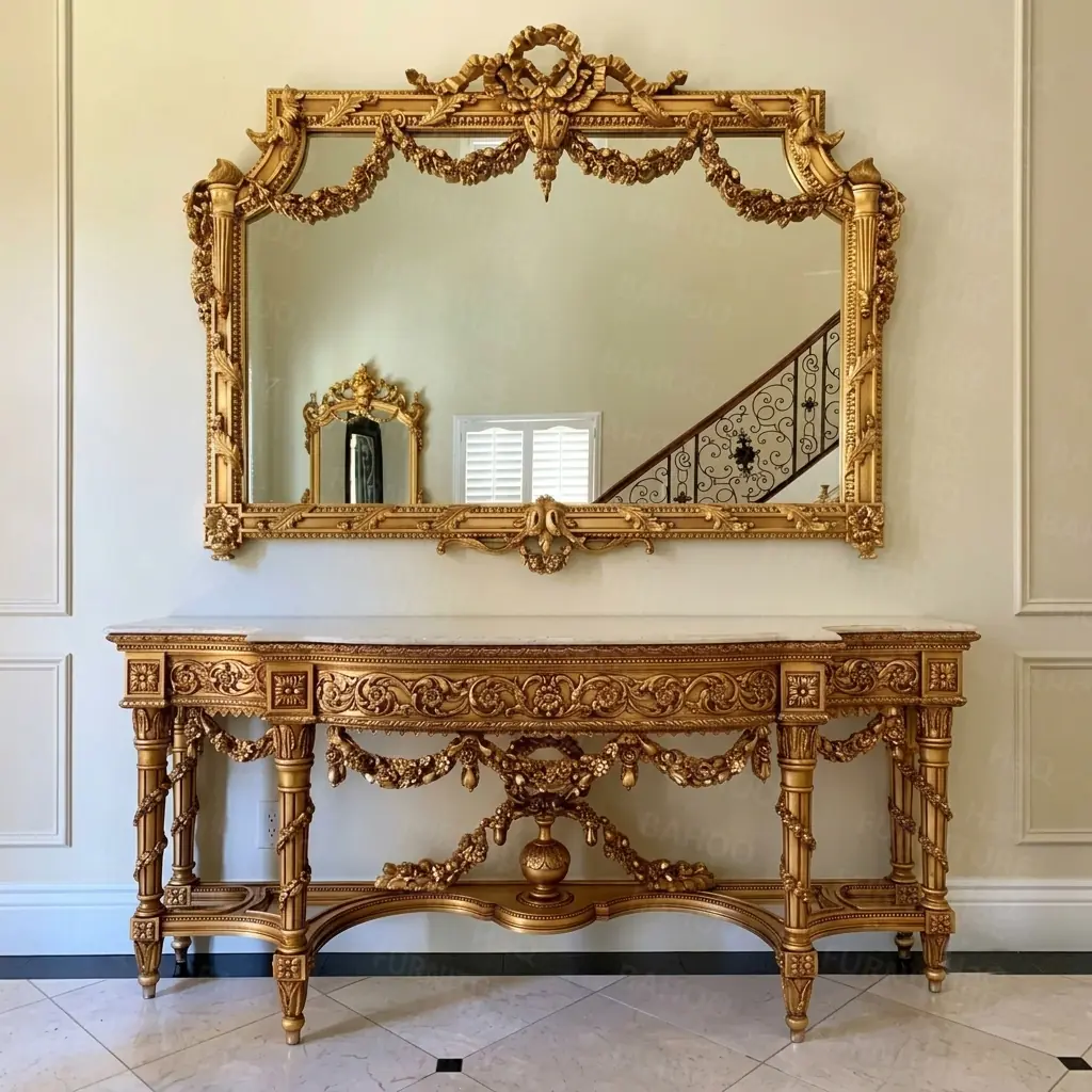 Luxury long console table with hand-carved golden mirror frame handcrafted from rosewood by HB Furnitures