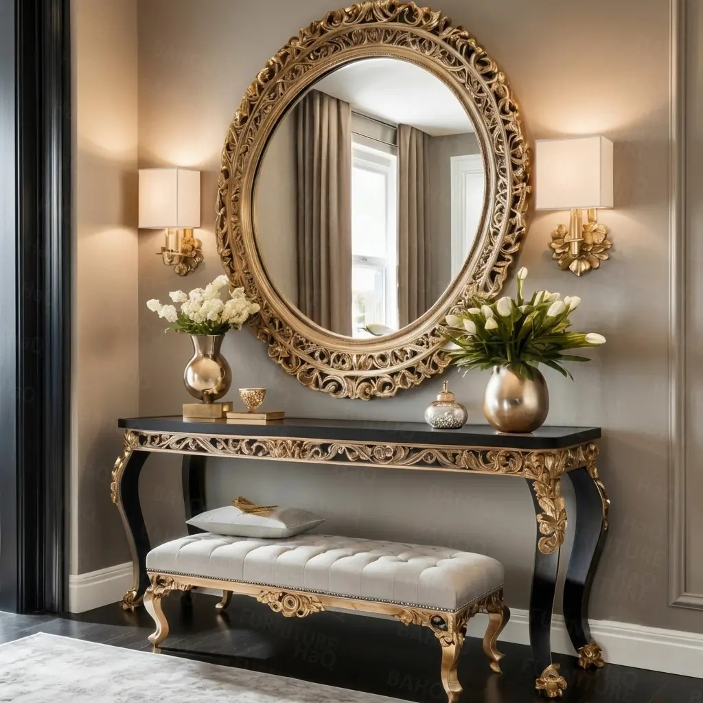 Handcrafted mirrored console table in rosewood with a hand-carved round mirror frame, black finish, and golden carvings by HB Furnitures Pakistan