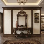 Handcrafted palace console table in natural wood matte finish with matching hand-carved wooden mirror frame by HB Furnitures Chiniot Pakistan