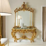 Handcrafted premium console table in golden finish with matching hand-carved wooden mirror frame by HB Furnitures Chiniot Pakistan