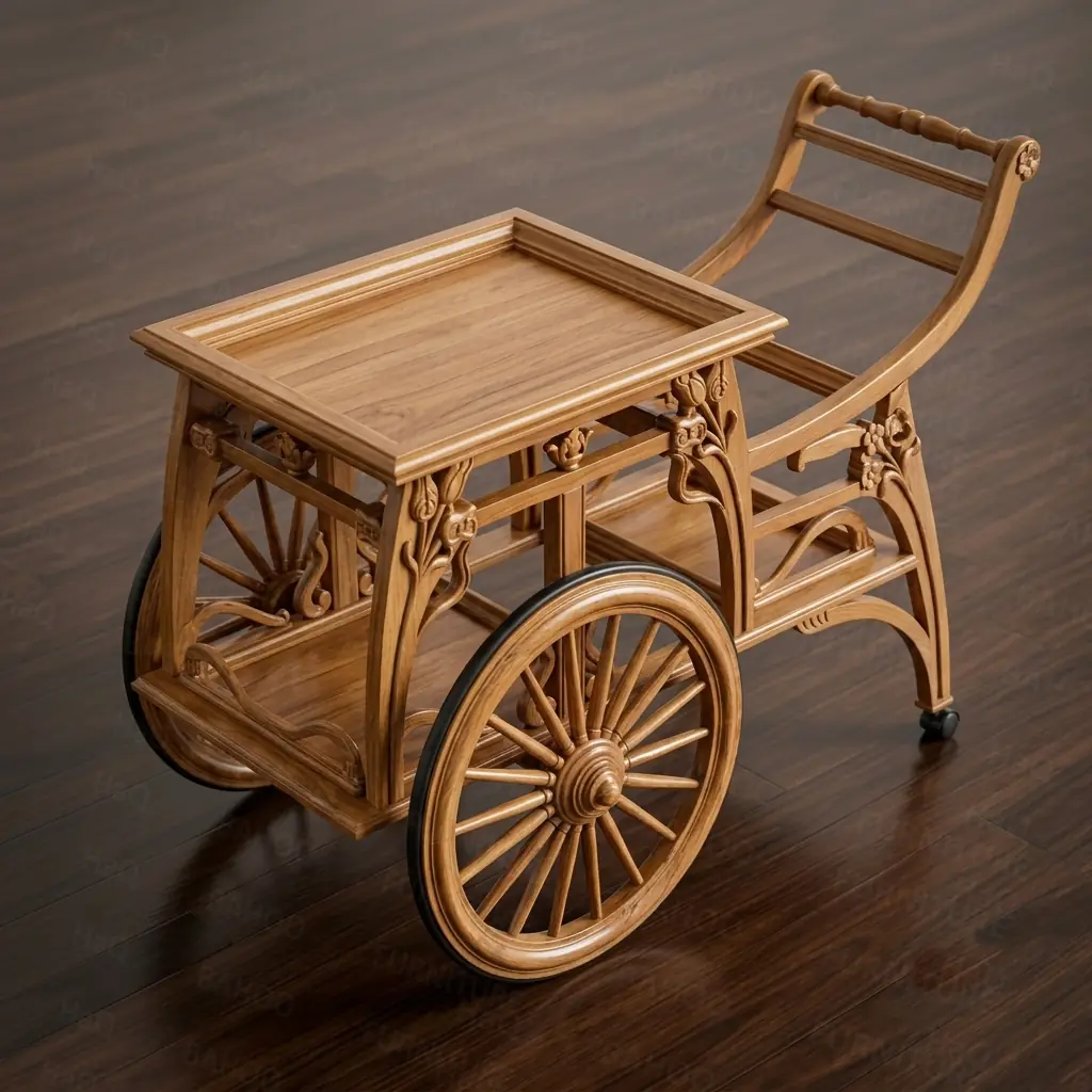 Handcrafted portable bar cart with light walnut finish, carved details, serving tray, storage shelf, and caster wheels.