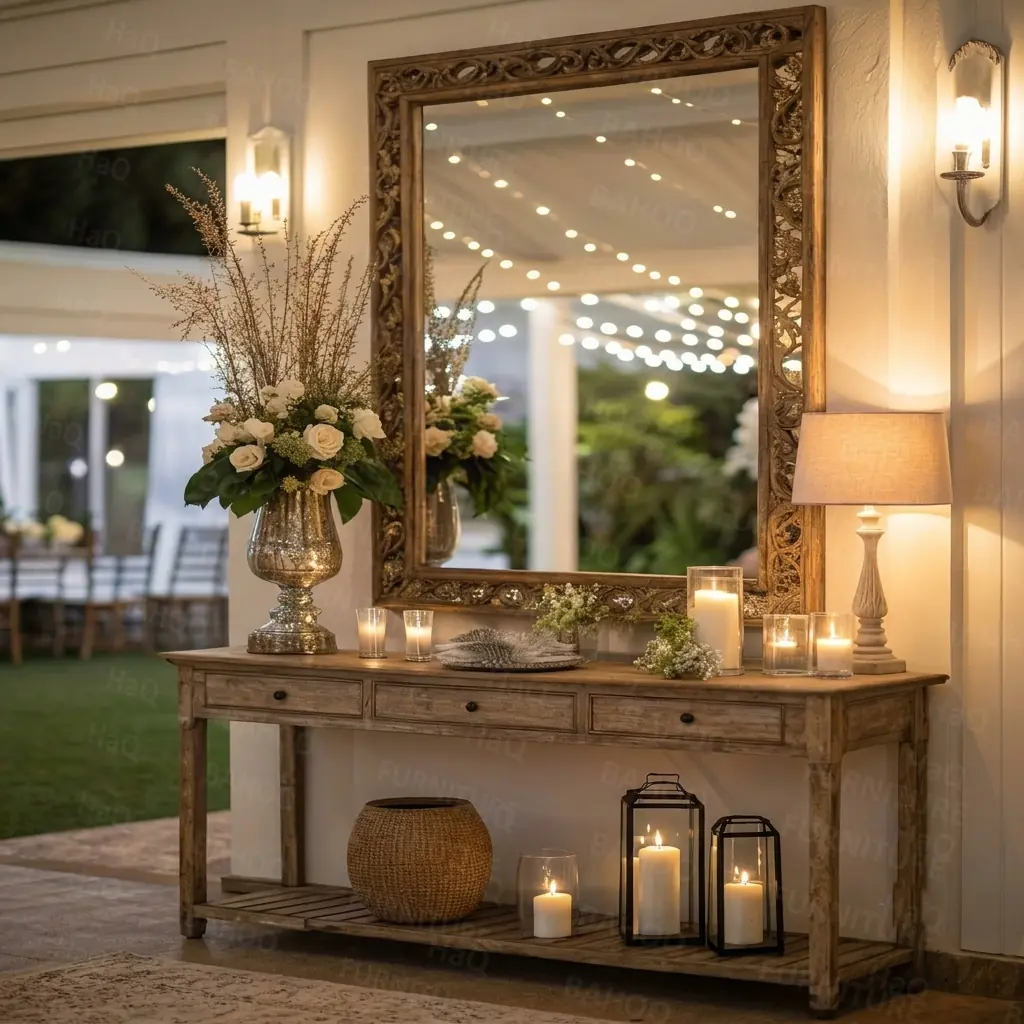 Handcrafted Rococo console table with dark and light grey antique gold matte finish and traditional Chinioti see-through carved mirror frame by HB Furnitures