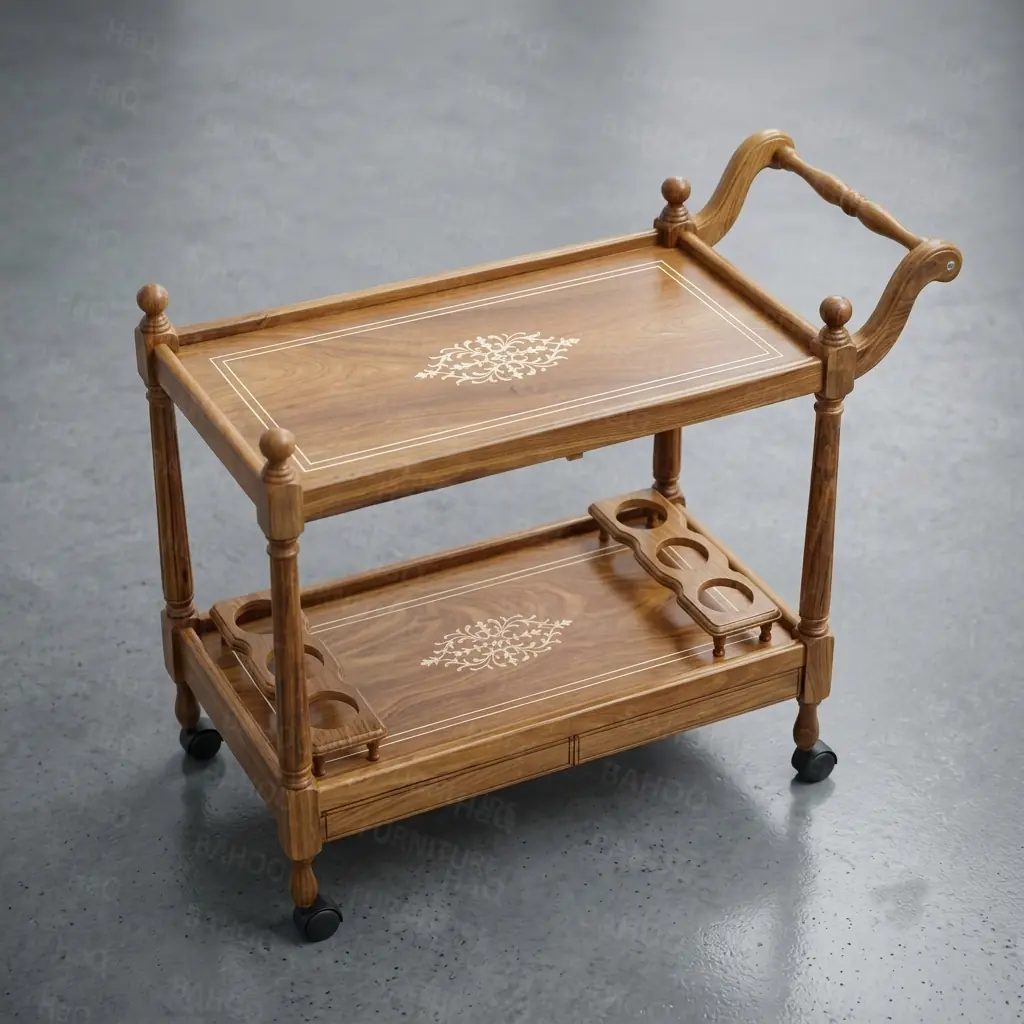 Luxury rolling cart handcrafted from solid rosewood (Sheesham) by HAQ BAHOO Furniture with worldwide shipping.