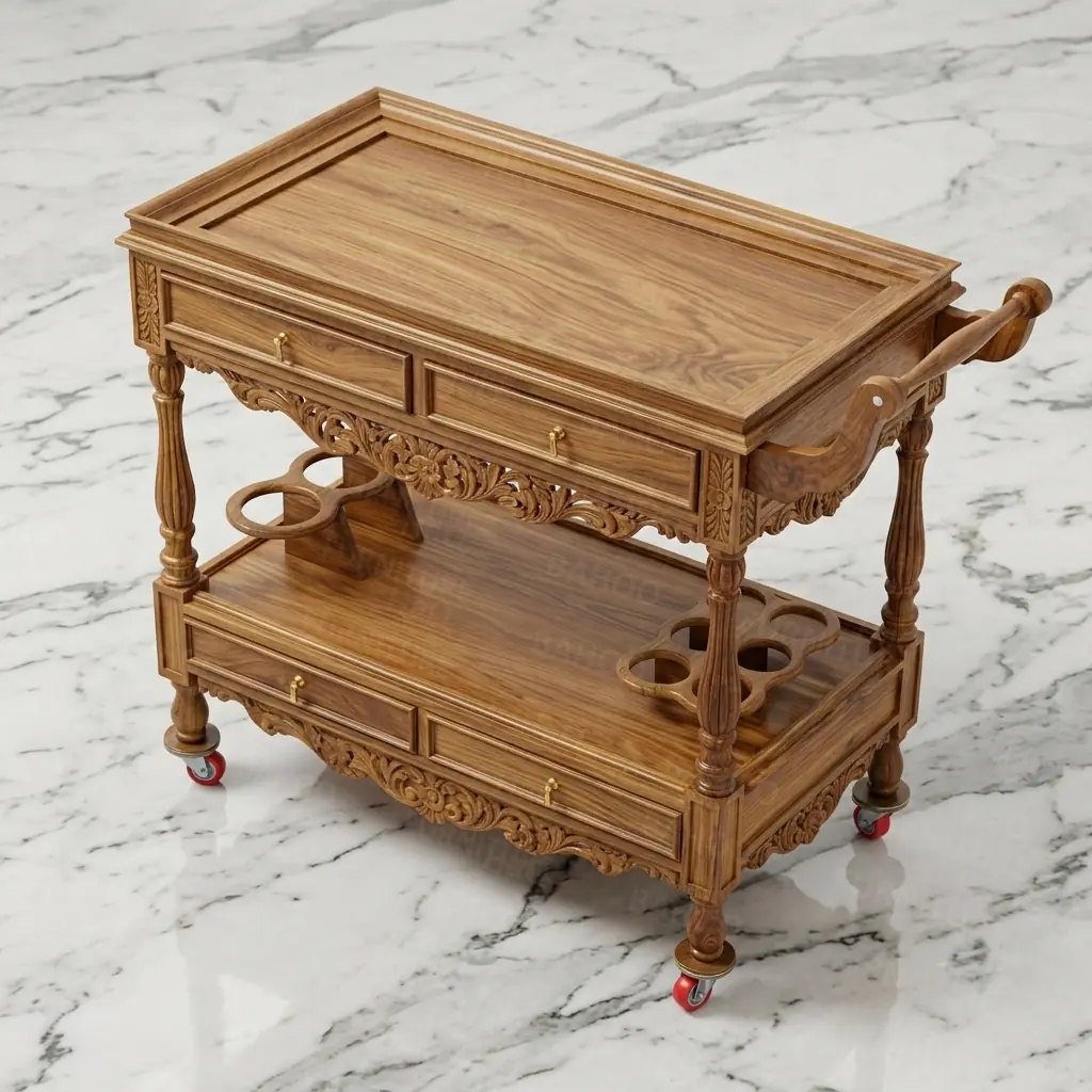 Handcrafted rolling kitchen cart with drawers, cup holders, raised tray, lower shelf, and caster wheels in light walnut finish.