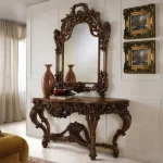 Handcrafted rosewood console table in natural wood matte finish with hand-carved mirror frame and traditional Chiniot openwork carving by HB Furnitures