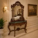 Handcrafted royal console with natural brown matte finish, green marble top, and matching wooden mirror frame by HB Furnitures Chiniot Pakistan
