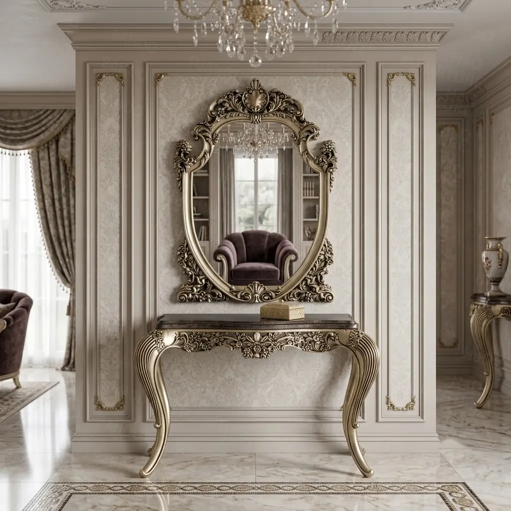 Handcrafted silver antique console table with matching wooden mirror frame by HB Furnitures Chiniot Pakistan