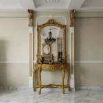 Small console table with hand-carved Chinioti mirror frame in golden and antique brown finish handcrafted by HB Furnitures