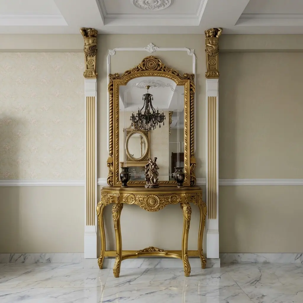 Small console table with hand-carved Chinioti mirror frame in golden and antique brown finish handcrafted by HB Furnitures