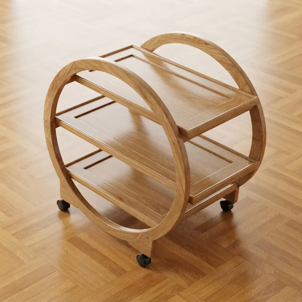 Handcrafted modern tea cart with a light walnut finish, circular frame, three shelves, and caster wheels by HAQ BAHOO Furniture.