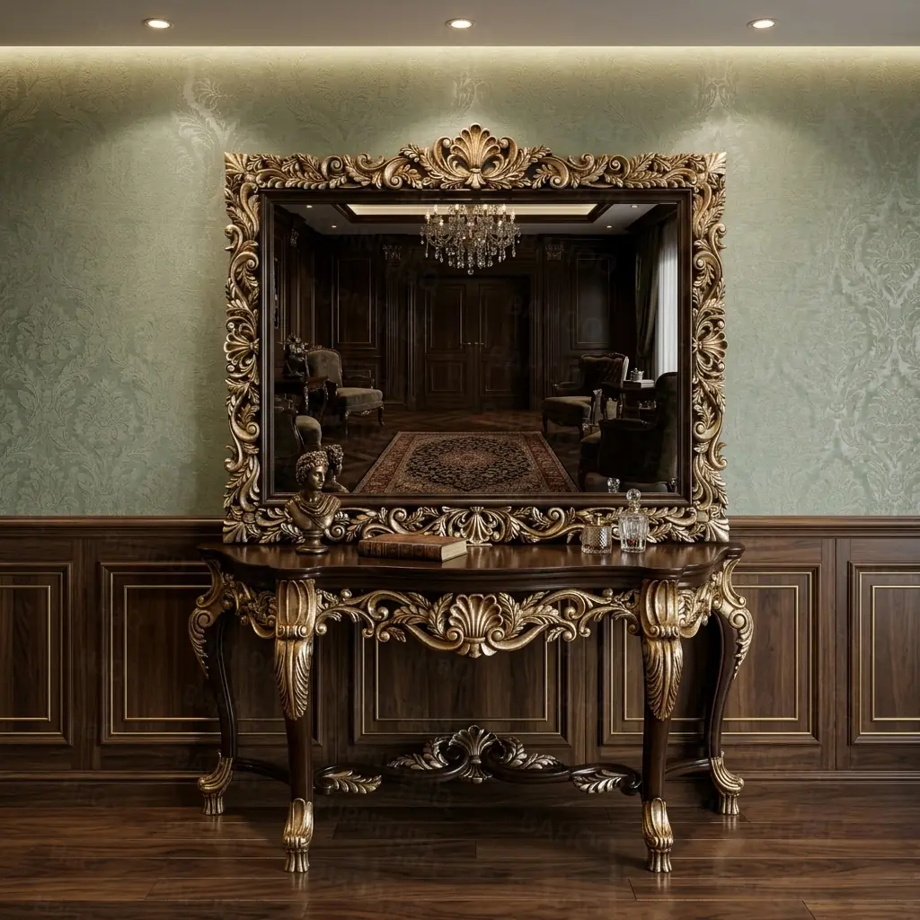 Handcrafted traditional console in dark walnut brown and antique gold finish with hand-carved mirror frame made from rosewood by HB Furnitures Chiniot Pakistan
