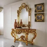Handcrafted Victorian console table with matching rosewood mirror frame in golden finish by HB Furnitures Chiniot Pakistan