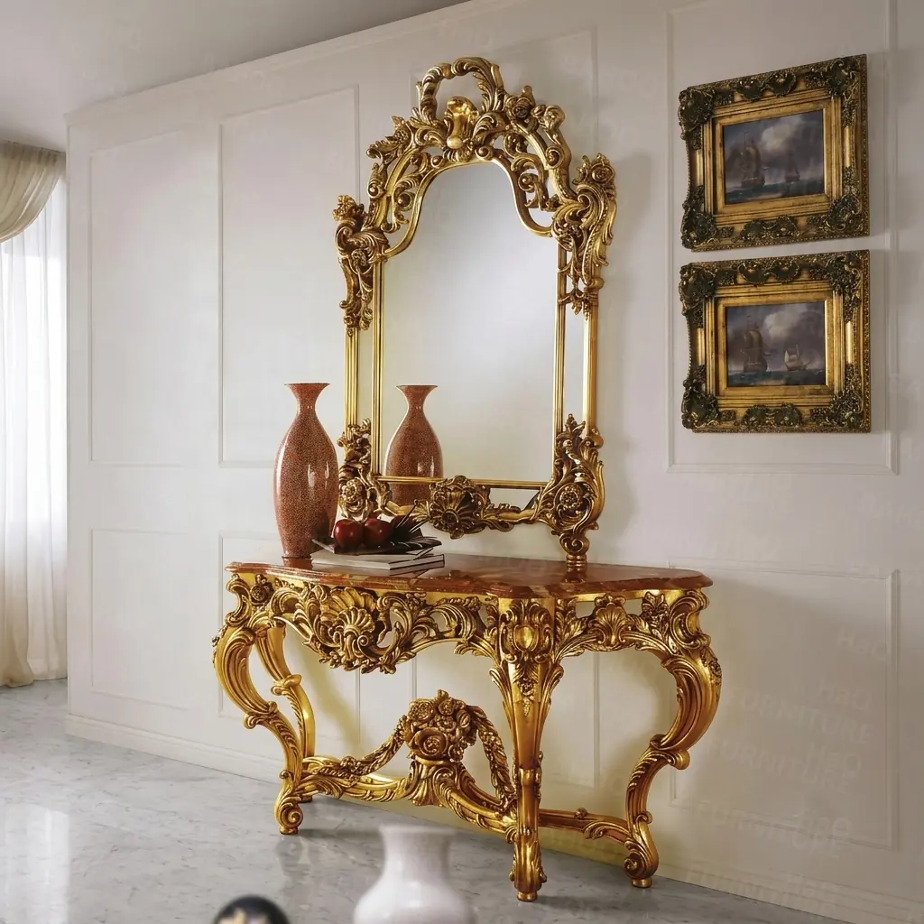 Handcrafted Victorian console table with matching rosewood mirror frame in golden finish by HB Furnitures Chiniot Pakistan