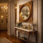 Handcrafted vintage console table with antique golden matte finish, off-white marble top, and matching wooden mirror frame by HB Furnitures Chiniot Pakistan