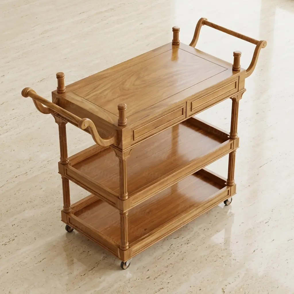Handcrafted rosewood wood bar cart with three tiers and smooth wheels by HBFurnitures, handmade solid sheesham tea trolley for home bar storage.