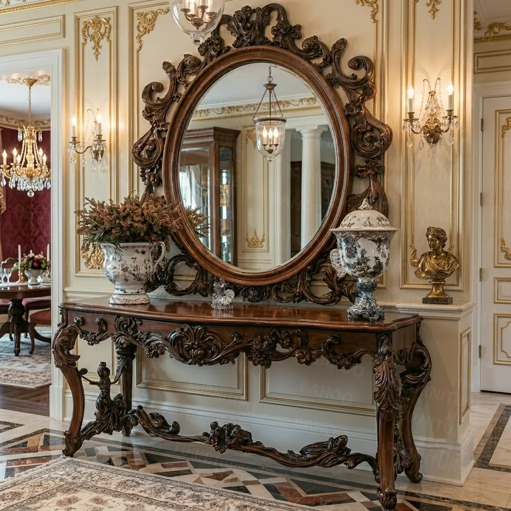 Handcrafted wood console table in rosewood with a hand-carved round mirror frame by HB Furnitures Pakistan