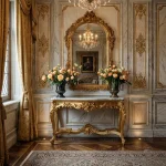 كونسول خشب فاخر مع سطح رخامي وإطار مرآة منحوت يدويًا باللون الذهبي من HB Furnitures