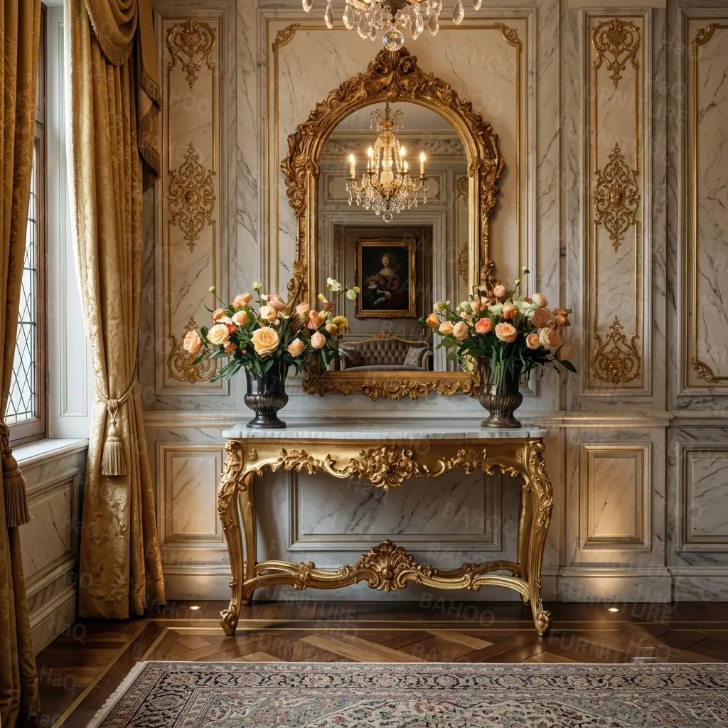 كونسول خشب فاخر مع سطح رخامي وإطار مرآة منحوت يدويًا باللون الذهبي من HB Furnitures
