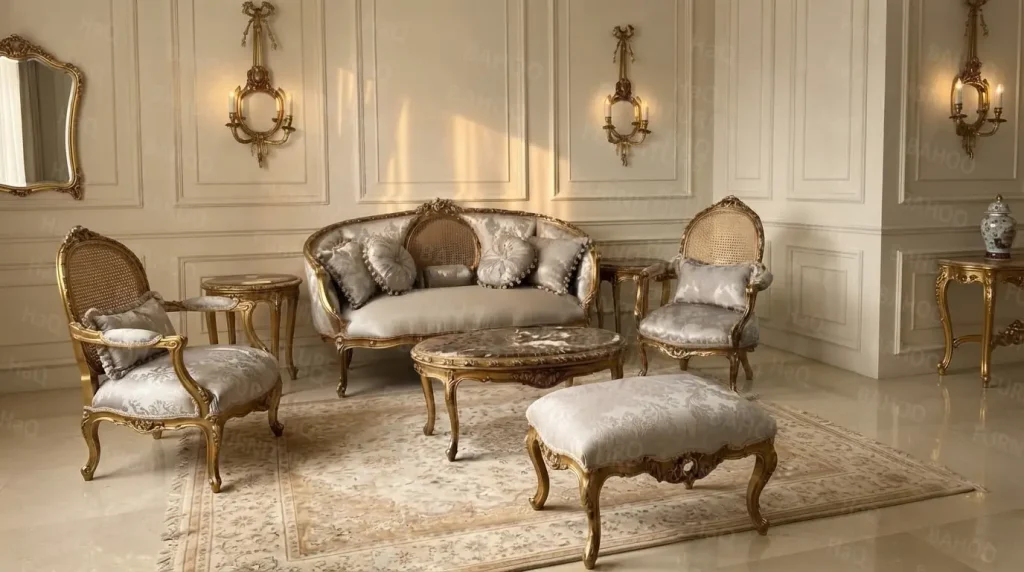 Haq Bahoo Furniture luxury classic 4 seater sofa set 2+1+1 in solid wood with golden antique finish and carved details, customizable fabric, handmade in Pakistan