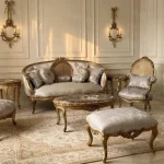 Haq Bahoo Furniture luxury classic 4 seater sofa set 2+1+1 in solid wood with golden antique finish and carved details, customizable fabric, handmade in Pakistan