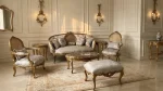 Haq Bahoo Furniture luxury classic 4 seater sofa set 2+1+1 in solid wood with golden antique finish and carved details, customizable fabric, handmade in Pakistan