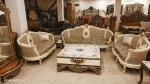 Royal carved victorian sofa set in cream and gold finish with sheesham wood frame and floral upholstery by Haq Bahoo Furniture