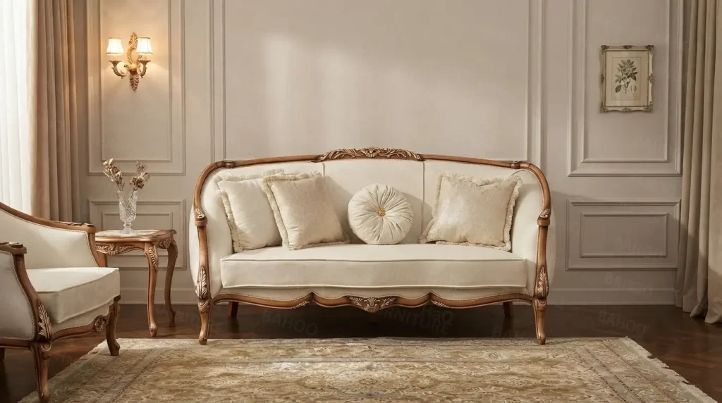 Sofa set for sale in Karachi – 7-seater hand-carved wooden sofa with ivory upholstery