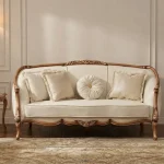 Sofa set for sale in Karachi – 7-seater hand-carved wooden sofa with ivory upholstery