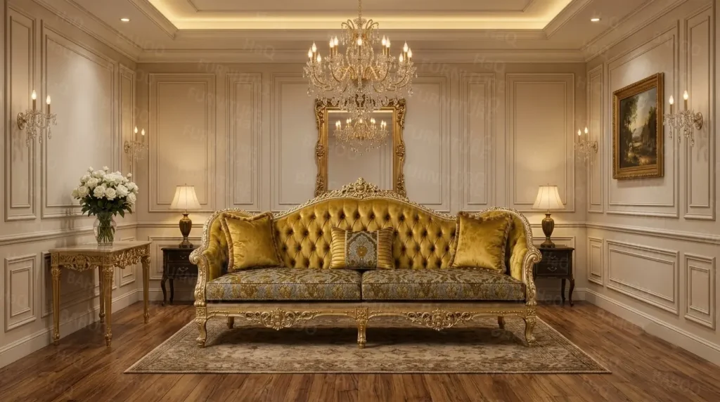 Royal gold tufted victorian sofa with handcarved sheesham wood frame and mustard velvet upholstery by Haq Bahoo Furniture