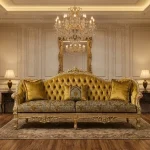 Royal gold tufted victorian sofa with handcarved sheesham wood frame and mustard velvet upholstery by Haq Bahoo Furniture
