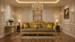 Royal gold tufted victorian sofa with handcarved sheesham wood frame and mustard velvet upholstery by Haq Bahoo Furniture