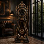 Handmade USA Grandfather Clock in Black Solid Rosewood with Luxury Hand Carved Design by Haq Bahoo Furniture