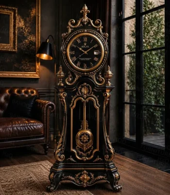 Antique Black Grandfather Clock handcrafted from solid rosewood with intricate hand carving and antique gold finish by Haq Bahoo Furniture
