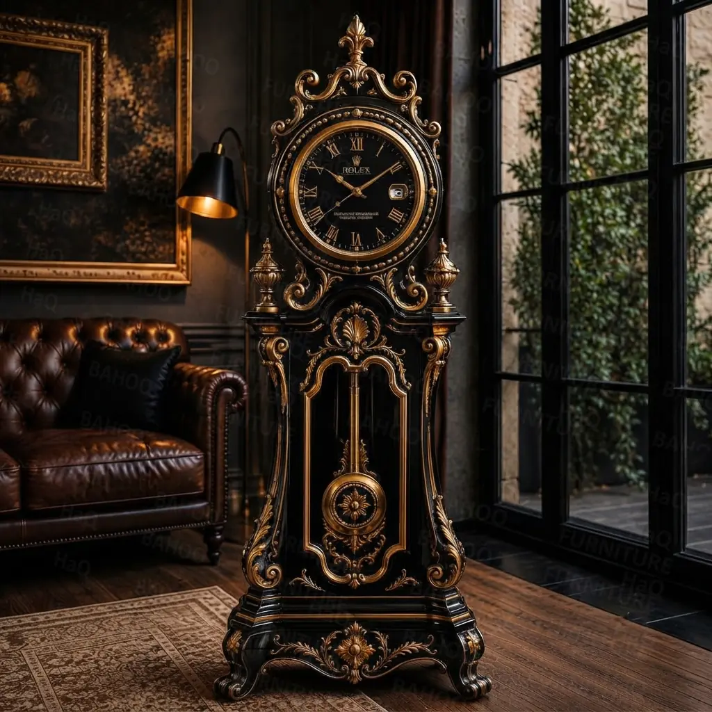 Luxury Antique Black Grandfather Clock Antique Black Grandfather Clock handcrafted from solid rosewood with intricate hand carving and antique gold finish by Haq Bahoo Furniture