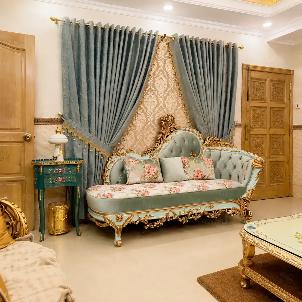 Hand carved rosewood divan sofa in sage green upholstery by Haq Bahoo Furniture