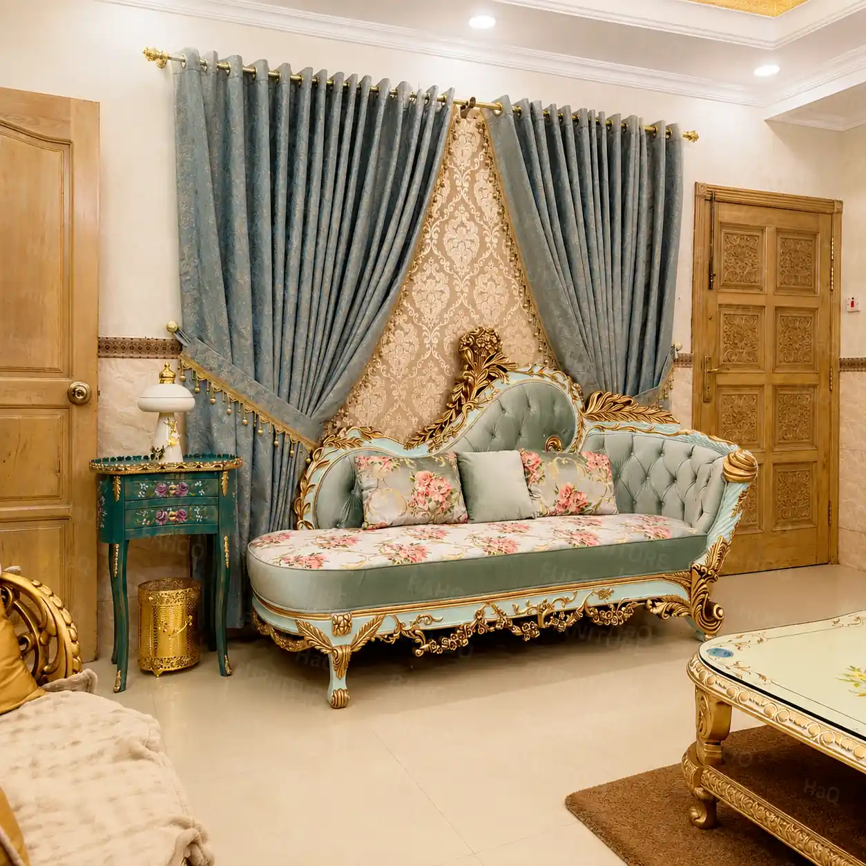 rosewood divan sofa Hand carved rosewood divan sofa in sage green upholstery by Haq Bahoo Furniture