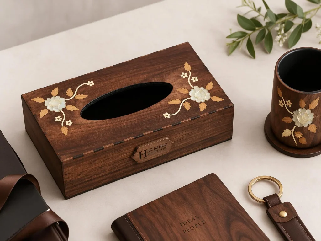 Wooden tissue box with mother of pearl inlay work by Haq Bahoo Furniture