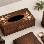 Wooden tissue box with mother of pearl inlay work by Haq Bahoo Furniture